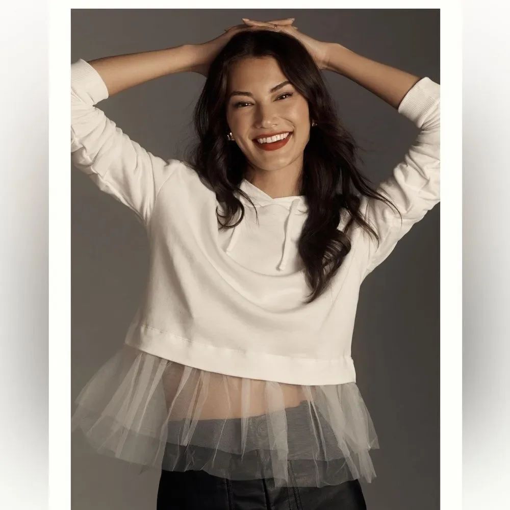 Pilcro Tulle-Hem Short-Sleeve Hoodie by Anthropologie White XS